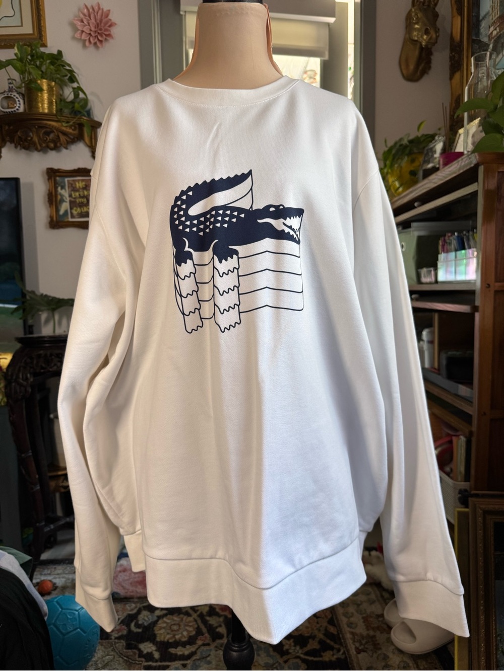 Lacoste 3XL White Oversized Crocodile Graphic Crewneck Sweatshirt NWT